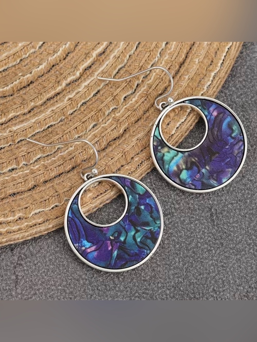 Silver Hoop Drop Earrings with Blue-Purple Abalone Pattern